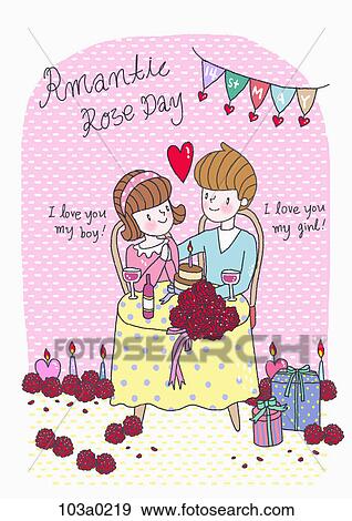 Stock Illustration - A boy and a girl on romantic rose day. Fotosearch