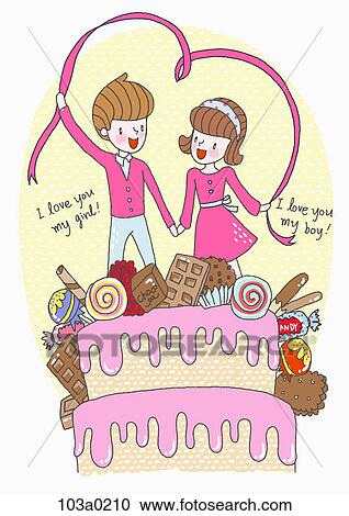 Clipart - A boy and a girl on top of sweets. Fotosearch