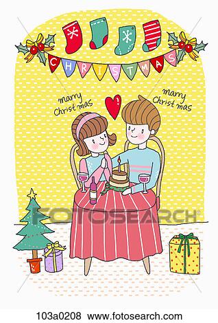Stock Illustration - A boy and a girl sitting on the table. Fotosearch
