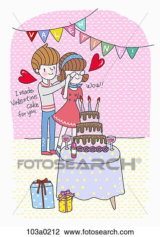 Drawing - A boy and a girl with cake on valentine. Fotosearch