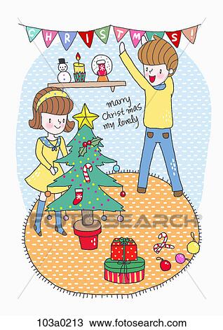 Drawing - A boy and a girl with christmas tree. Fotosearch