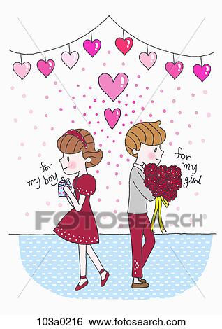 Stock Illustration - A boy and a girl with gifts. Fotosearch