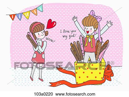 A boy and a girl with may chocolate stick snacks View Large Illustration Clipart - A boy and a girl with may chocolate stick snacks. Fotosearch