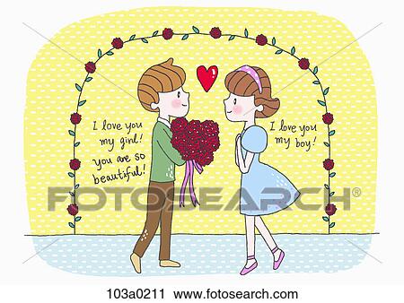A boy and a girl with roses View Large Illustration Clip Art - A boy and a girl with roses. Fotosearch