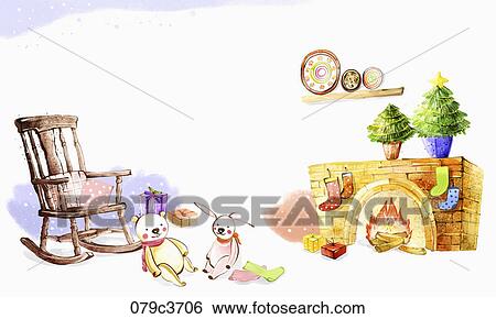 A chair and dolls in front of the fireplace with Christmas decorations View Large Illustration Stock Illustration - A chair and dolls in front of the fireplace with Christmas decorations . Fotosearch
