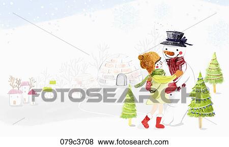 Stock Illustration - A girl hugs a snowman in winter . Fotosearch