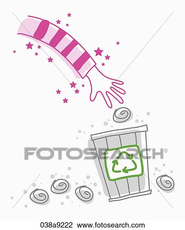 A hand throwing rubbish in the bin View Large Illustration Drawing - A hand throwing rubbish in the bin. Fotosearch