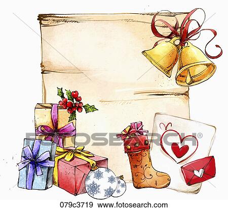 A letter with gift boxes, bells and stockings View Large Illustration Stock Illustration - A letter with gift boxes, bells and stockings. Fotosearch