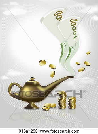 A magic lamp with money View Large Illustration Drawing - A magic lamp with money. Fotosearch