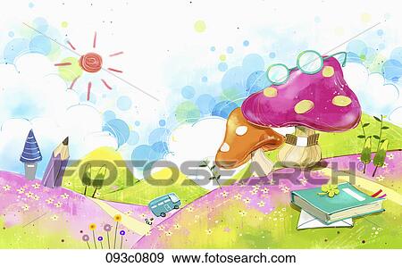 Stock Illustration - A mushroom with a book and a pencil in the park. Fotosearch