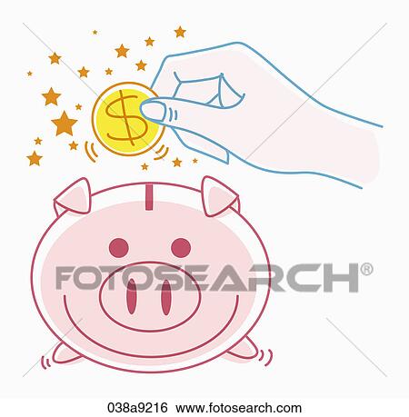 Stock Illustration - A piggy bank and a hand with dollar coin. Fotosearch