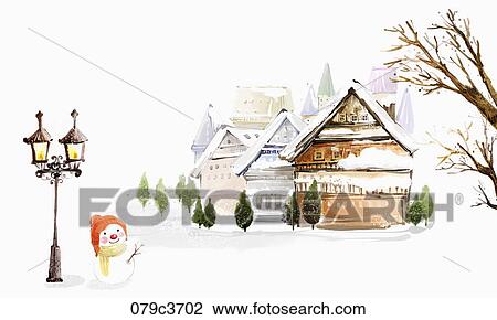 A snowman in front of the house View Large Illustration Drawing - A snowman in front of the house. Fotosearch