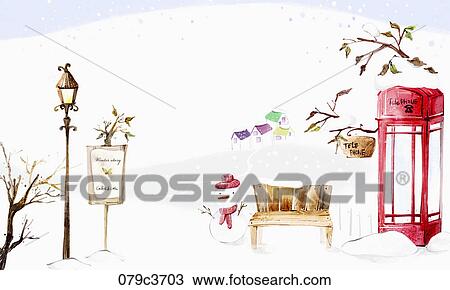 A snowman next to the bench View Large Illustration Drawing - A snowman next to the bench. Fotosearch