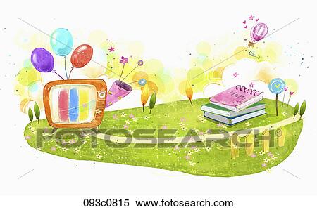 Stock Illustration - A television and notebooks on the grass field. Fotosearch