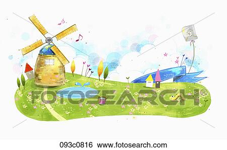 A windmill on the grass field View Large Illustration Stock Illustration - A windmill on the grass field. Fotosearch