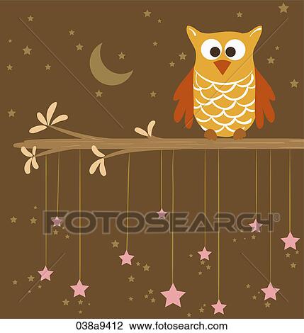 Drawing - An owl on the tree in night. Fotosearch