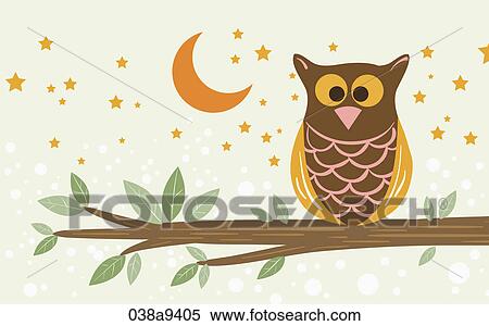 Stock Illustration - An owl on the tree in night. Fotosearch