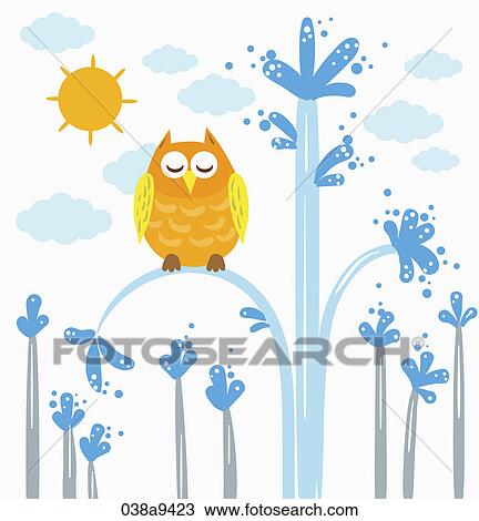 An Owl on the tree in the afternoon View Large Illustration Drawing - An Owl on the tree in the afternoon. Fotosearch