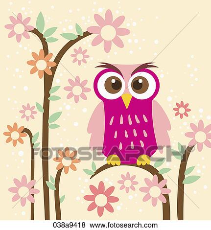 Stock Illustration - An owl on the tree with flowers. Fotosearch