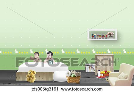 Clip Art - Babies by the bed in a room with toys. Fotosearch