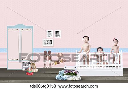Stock Illustration - Babies on a bed in a room wih toys. Fotosearch