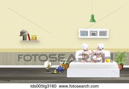 Clipart - Babies on a bed in a room with toys. Fotosearch