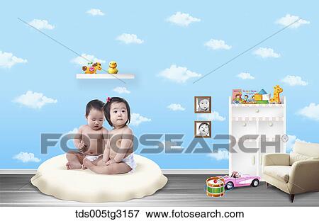 Stock Illustration - Babies on a cushion in a room with toys. Fotosearch