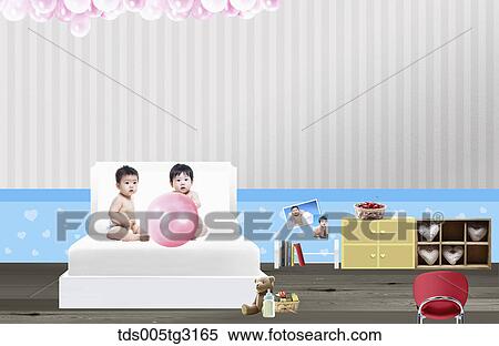 Stock Illustration - Babies with a pink balloon on a bed in a room. Fotosearch