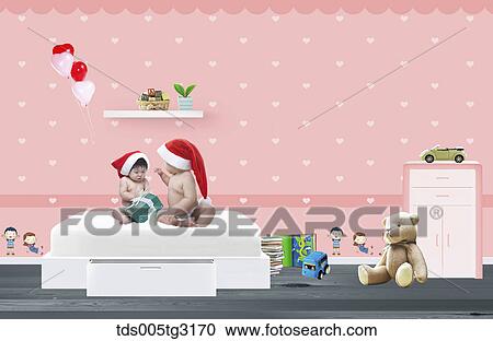 Clipart - Babies with christmas hats on a bed in a room. Fotosearch