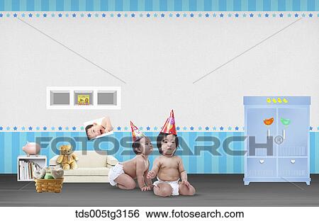 Stock Illustration - Babies with party hats in a room. Fotosearch