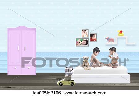 Babies with toys on a bed in a room View Large Illustration Stock Illustration - Babies with toys on a bed in a room. Fotosearch