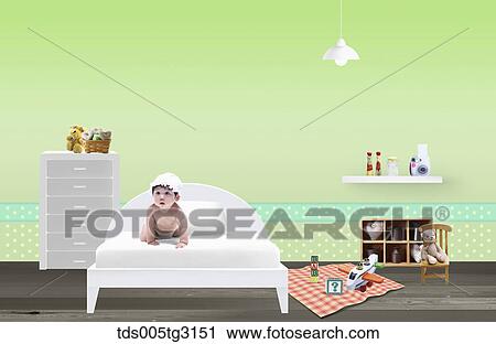 Clip Art - Baby on a bed in a room with toys. Fotosearch