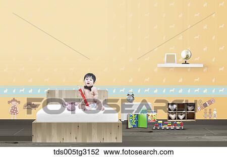 Baby on a bed in a room with toys View Large Illustration Drawing - Baby on a bed in a room with toys. Fotosearch