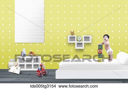 Stock Illustration - Baby on a bed in a room with toys. Fotosearch