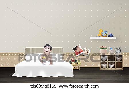 Stock Illustration - Baby on a bed in a room with toys. Fotosearch