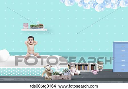 Stock Illustration - Baby on a bed in a room with toys. Fotosearch