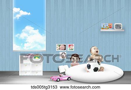 Drawing - Baby on a cushion in a room with toys. Fotosearch