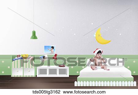 Baby with a christmas hat on a bed in a room View Large Illustration Drawing - Baby with a christmas hat on a bed in a room. Fotosearch