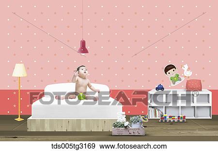 Baby with a green ball on a bed in a room View Large Illustration Stock Illustration - Baby with a green ball on a bed in a room. Fotosearch