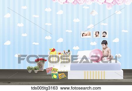 Drawing - Baby with a pink balloon on a bed in a room. Fotosearch