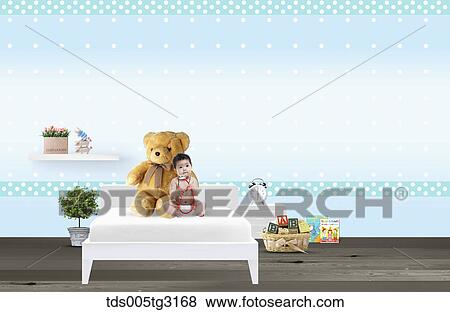 Baby with a teddy bear on a bed in a room View Large Illustration Stock Illustration - Baby with a teddy bear on a bed in a room. Fotosearch