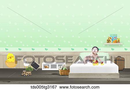 Stock Illustration - Baby with toys on a bed in a room. Fotosearch