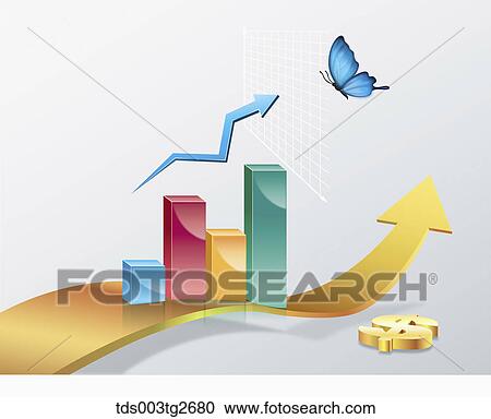 Bar graphs and arrows with butterfly and gold dollar sign View Large Illustration Clipart - Bar graphs and arrows with butterfly and gold dollar sign. Fotosearch