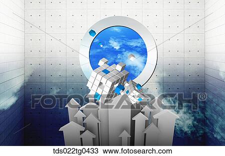Drawing - Blocks of cubes with arrows pointing up. Fotosearch