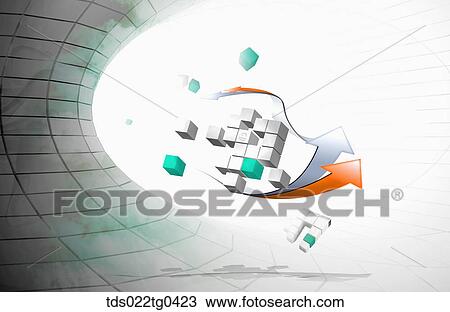 Blocks of white and green cubes and arrows flowing View Large Illustration Drawing - Blocks of white and green cubes and arrows flowing. Fotosearch