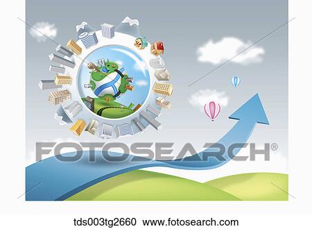 Clipart - Blue arrow and buildings and mountains on a floating ball. Fotosearch