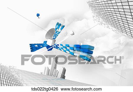Blue blocks of satellite above a city View Large Illustration Stock Illustration - Blue blocks of satellite above a city. Fotosearch