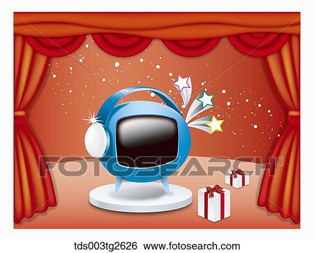 Stock Illustration - Blue television on red stage. Fotosearch
