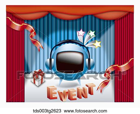 Drawing - Blue television promoting event on stage. Fotosearch
