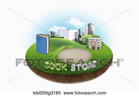 Stock Illustration - Book store with books and buildings. Fotosearch